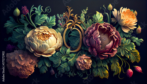 illustration, beautiful fantasy vintage wallpaper botanical flower bunch, vintage motif for flora(Created with Generative AI technology)