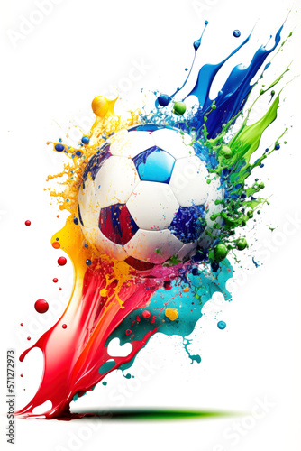 Football in colorful water splashes  on white background. Abstract white background with colored floating liquids and realistic soccer ball. Generative AI