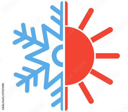 Hot and cold symbol. Sun and snowflake all season concept logo. Flat illustration