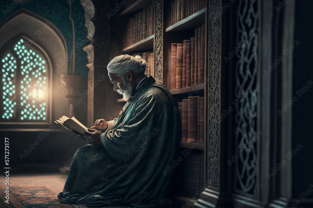 Muslim intellectual reading a book in the scientific library Muslim intellectual reading a book in the scientific library