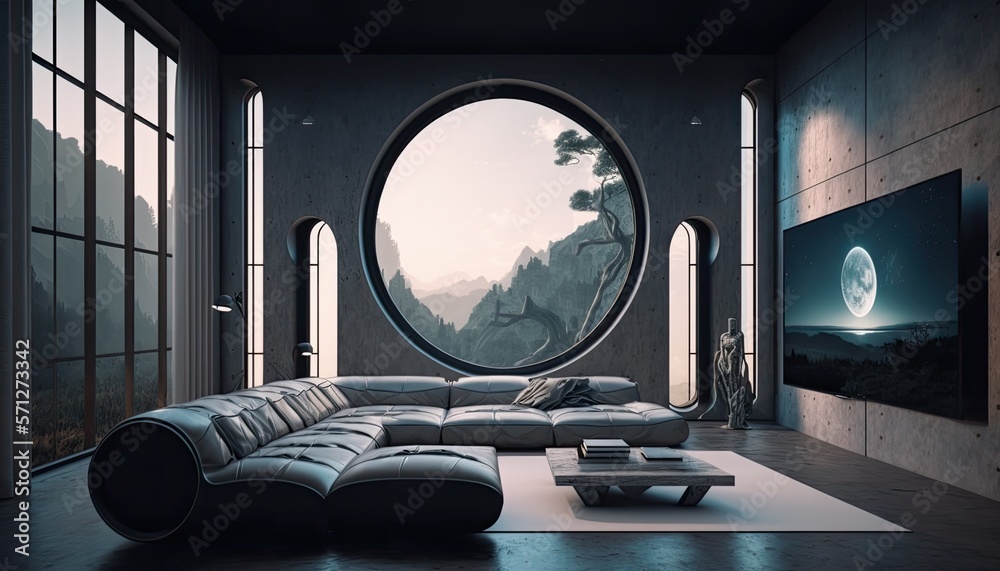 Ultra modern futuristic interior, elegant living room with leather cozy sofa  Stock Illustration | Adobe Stock