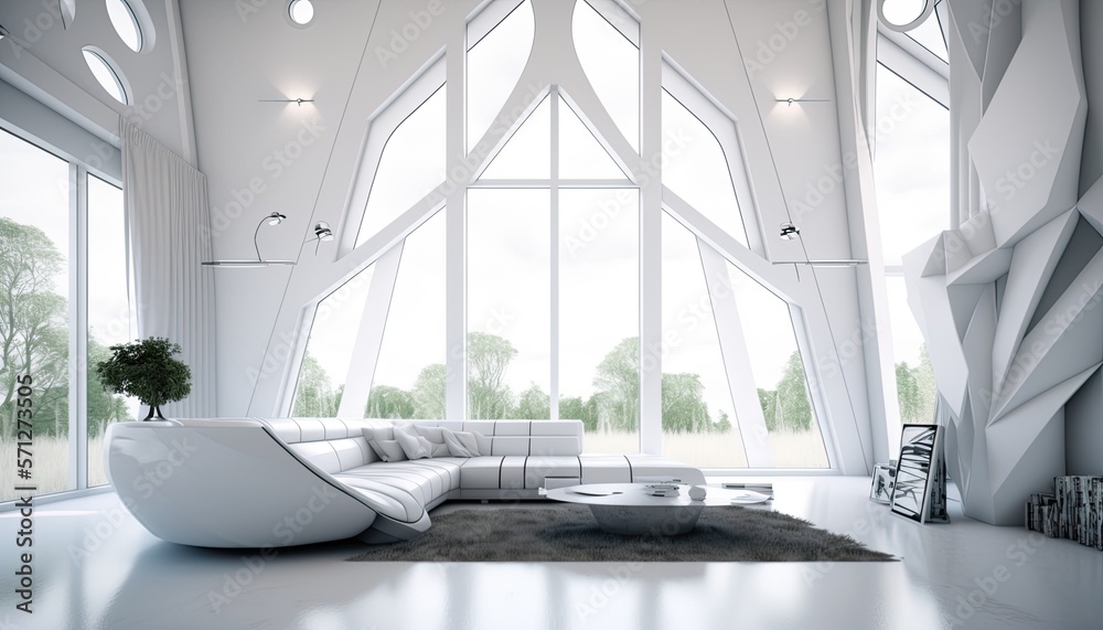 Ultra modern futuristic interior, elegant living room with leather cozy sofa Ultra modern futuristic interior, elegant living room with leather cozy sofa