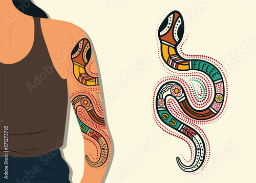 Aboriginal colorful snake tattoo design illustration