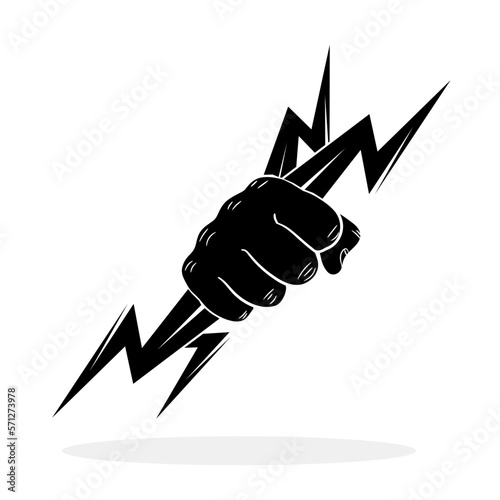Fist with lightning. Hand holding thunderbolt. Power in hand. Abstract logo design. Vector illustration.