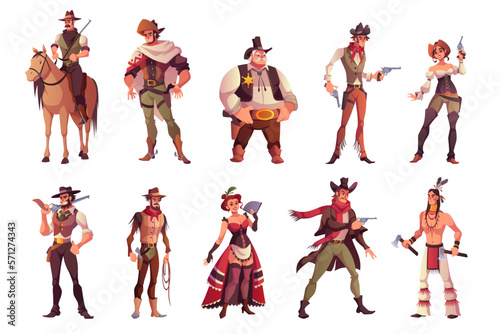 Cartoon cowboys. Funny cowboy and cowgirl, indian and saloon girl characters, different costumes and weapons, country and western style, sheriff and bandit with lasso and gun, tidy vector set