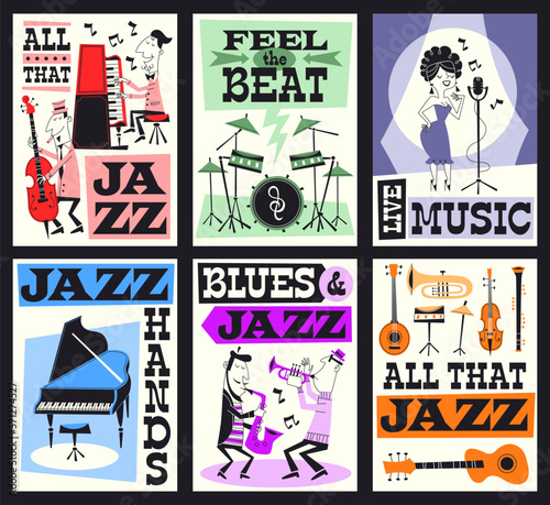 Jazz music festival cards. Funny artists with different instruments  invitational concert posters  live music party time  modern cartoon characters  concert advertising tidy vector set