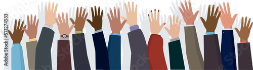 illustration panoramique vectorielle représentant des mains levées. Concept du vote, de la démocratie et de la liberté