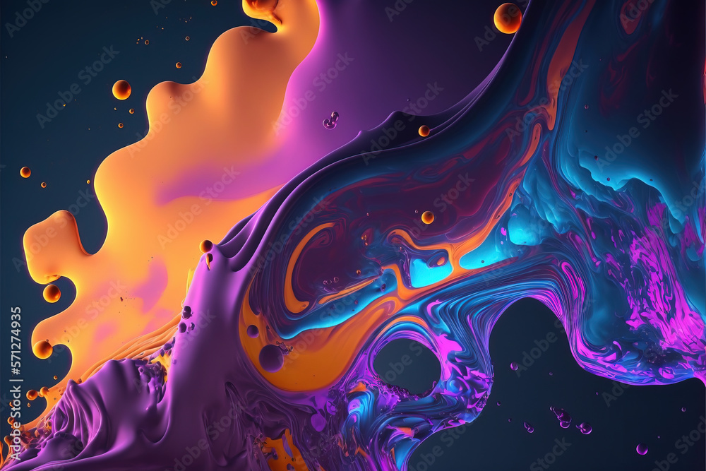 Blue, purple and yellow paint liquid abstract background. AI Generative color mix painting