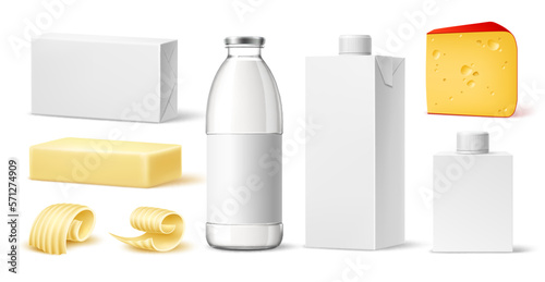 Realistic dairy products. Different natural milk drinks and food, 3d packaging with blank label, yogurt, butter and cheese, carton and glass blank bottles, isolated objects, utter vector set