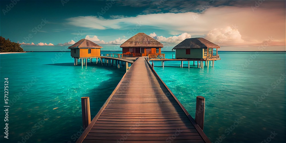 Wooden overwater bungalow in a turquoise sea, idyllic beach vacation paradise, generative AI
