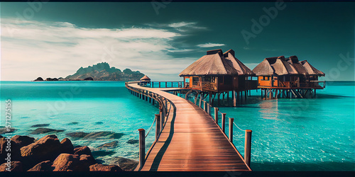 Wooden overwater bungalow in a turquoise sea, idyllic beach vacation paradise, generative AI photo