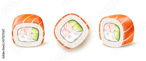 Realistic sushi roll. Classic japanese roll in different angles, fresh salmon and tuna, boiled rice and nori seaweed, 3d isolated elements, asian restaurant menu object, utter vector concept