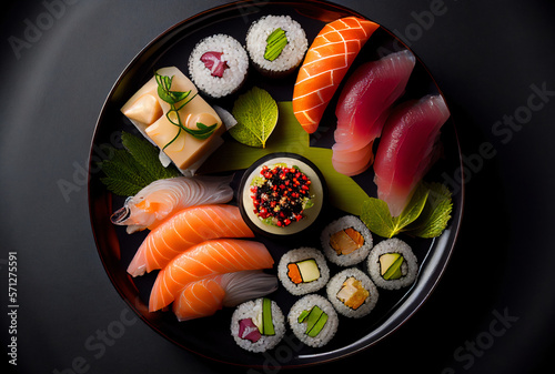 Japanese cuisine. Sushi set on a black plate over dark stone background.