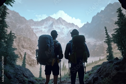 A couple of hikers trekking through a easy moutain trail, surrounded by towering peaks and verdant valleys and waterfall. Generative AI