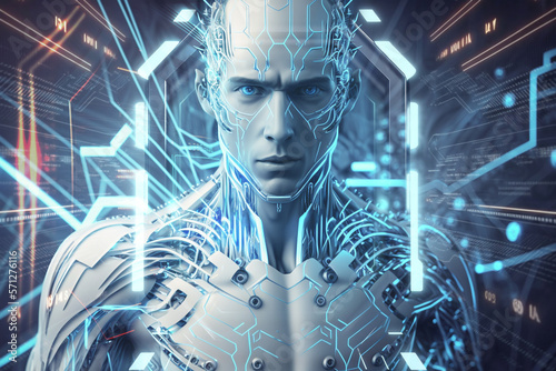 close up portrait photo of future robot sharp detail 3D Futuristic circuit abstract data background, generative AI