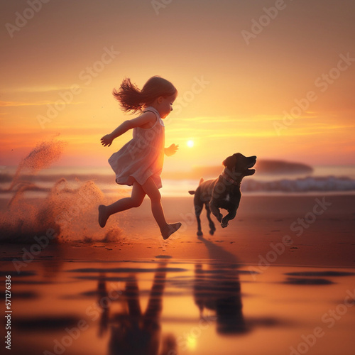 Girl walking with his dog on the beach at sunset. Generative AI.  