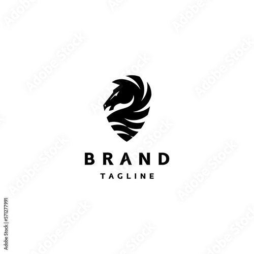 Strong Horse Shield Logo Design. Security Logo With Horse Head Silhouette And Shield Symbol In One Design.