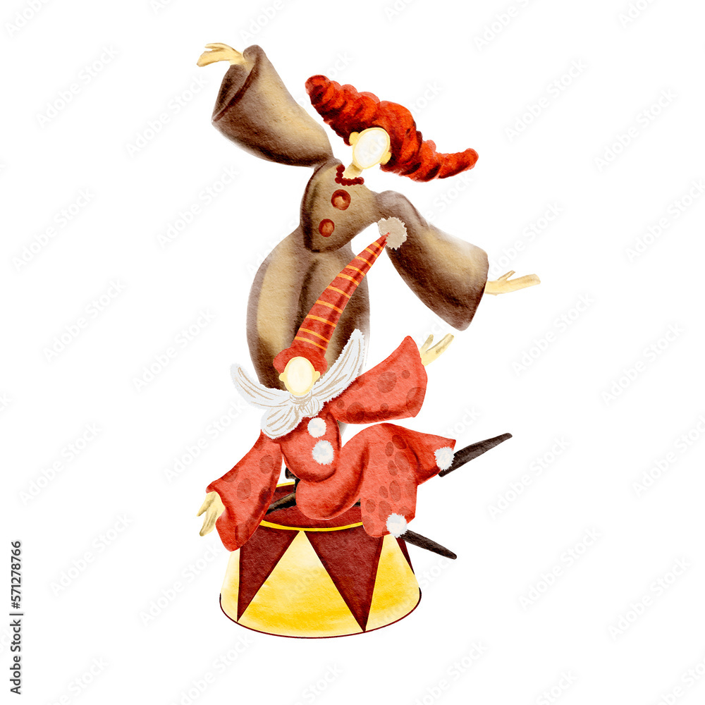 Naklejka premium Two clowns in the circus arena. Watercolor illustration of a clown. Circus. Circus clown.