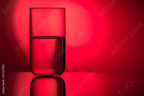 A glass of water. Glass in a backlight. Glass on the red backdrop.