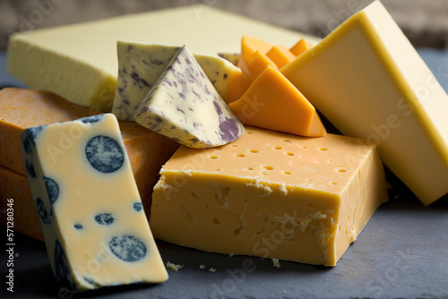 British cheese collection, close up of colored and matured cheddar cheeses from Scotland and England. Generative AI