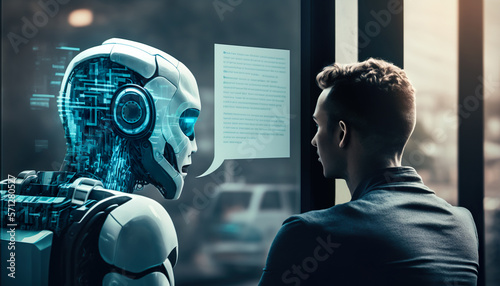 person talking with robotic ai.futuristic technology or machine learning concepts.Generative ai technology photo