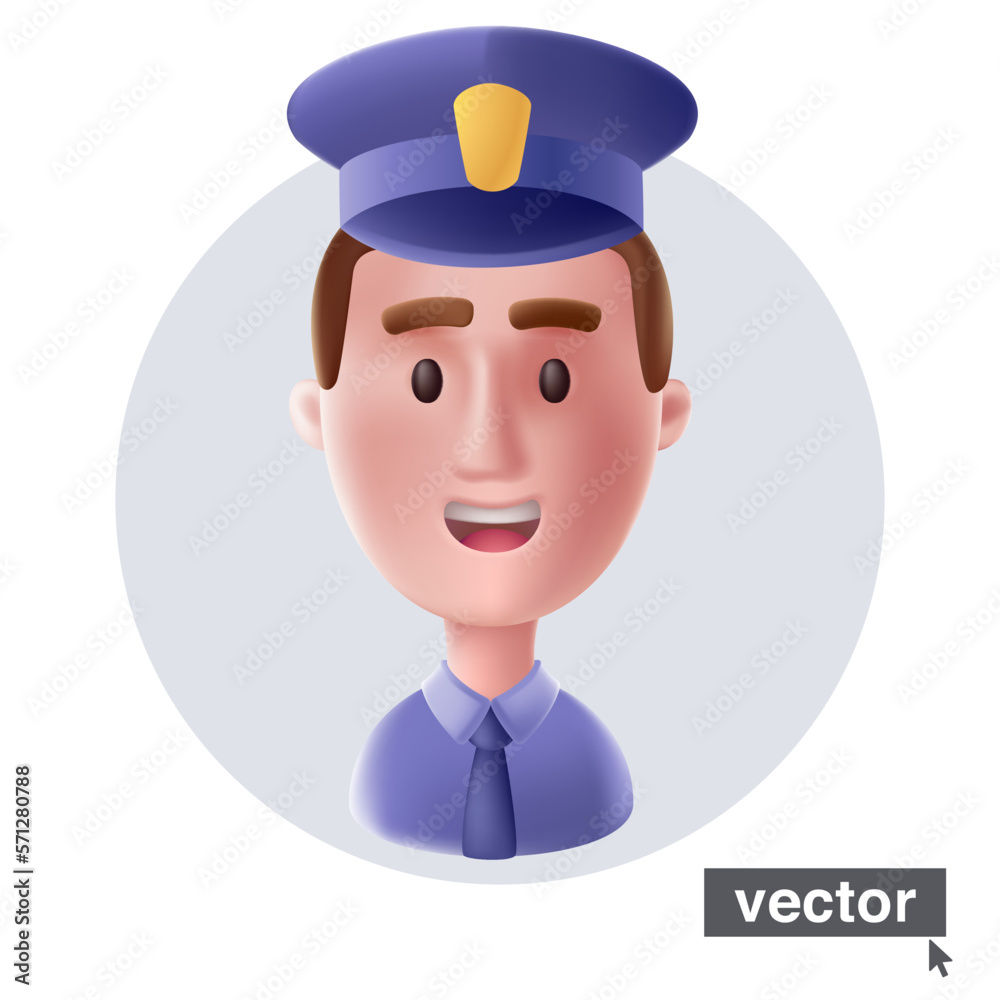 Young smiling police officer in uniform. Realistic 3D style vector character illustration in cartoon style.