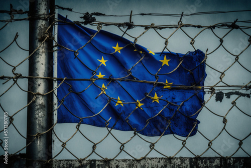 a high border fence with the flag of europe, fictional place and abstract flag. Generative AI