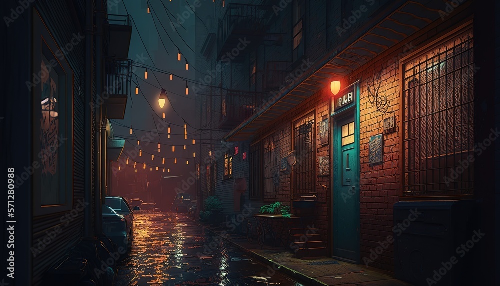 Back street alley with old city houses in rain at night. Beautiful modern illustration, template for your design. AI - obrazy, fototapety, plakaty 