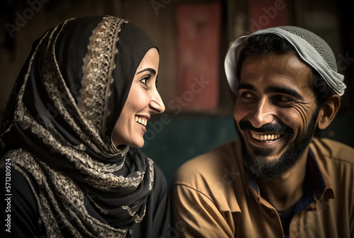 smiling muslim couple at home. Generative AI