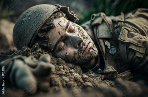 a wounded or killed soldier in soldier's uniform and helmet, soldier lies on the ground. Generative AI