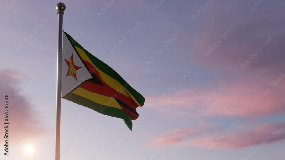 Animation National Flag Being Raised at Sun Rise  -Zimbabwe