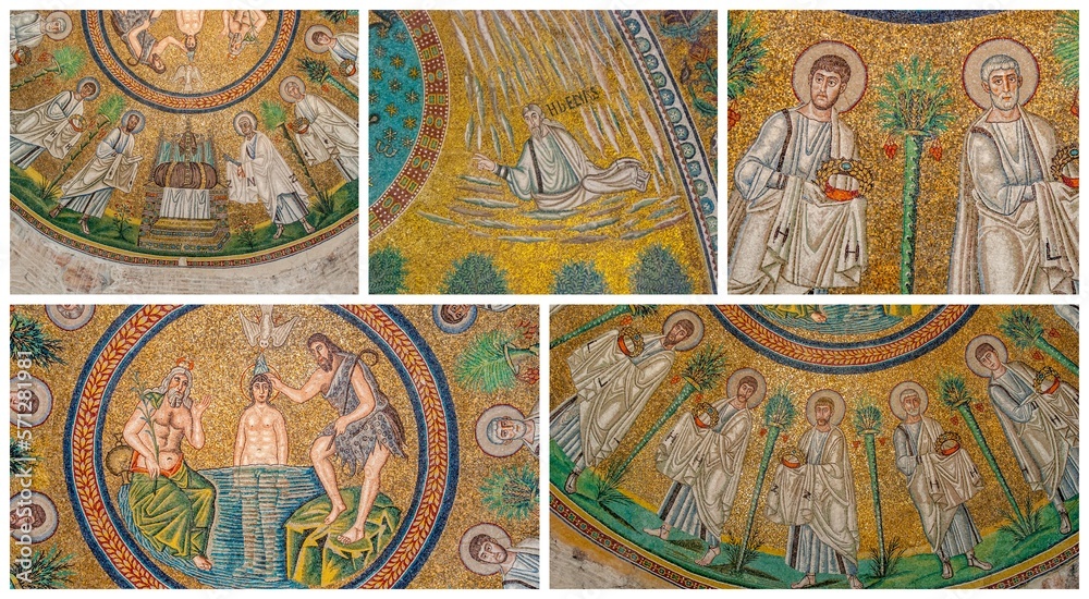 Byzantine mosaics of city of Ravenna in Italy , collage
