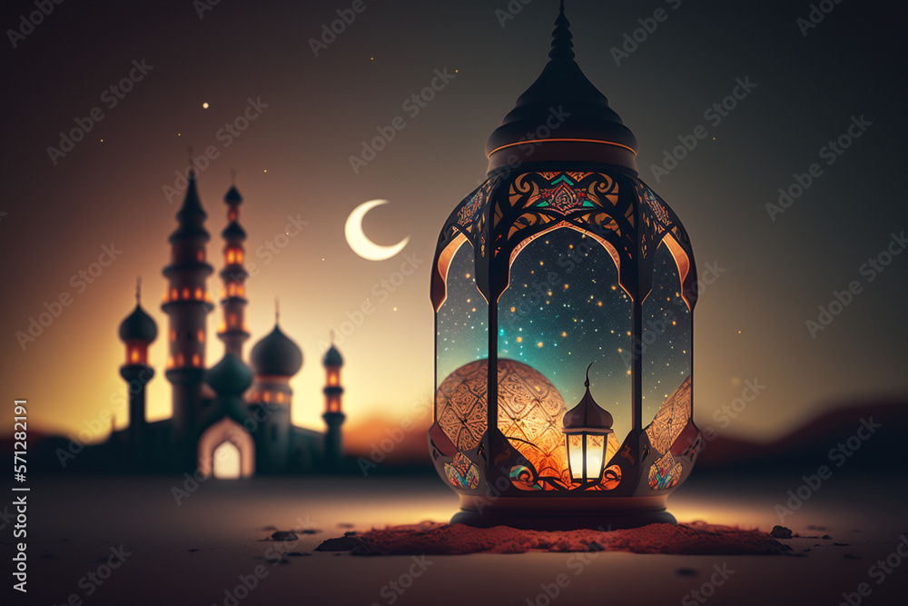 Fototapeta premium Ornamental Arabic lantern with burning candle glowing at night. Muslim holy month Ramadan Kareem made with generative AI