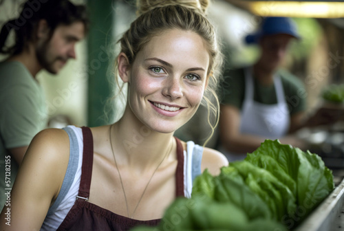 a young woman grows vegetab...