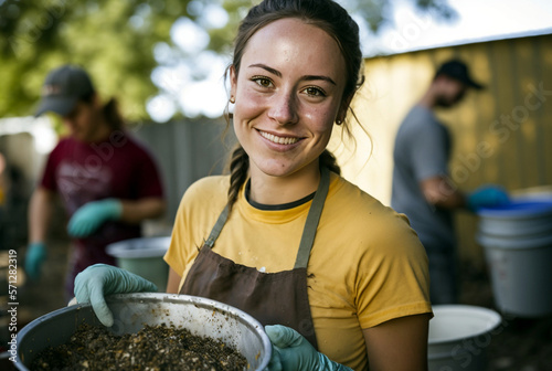 young woman carrying soil o...