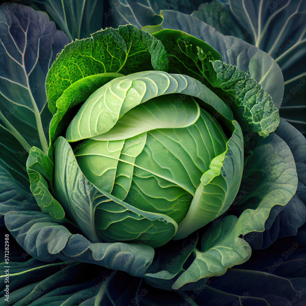 Obraz premium Closeup of cabbage white. Head of white cabbage growing in vegetable garden. Generative AI