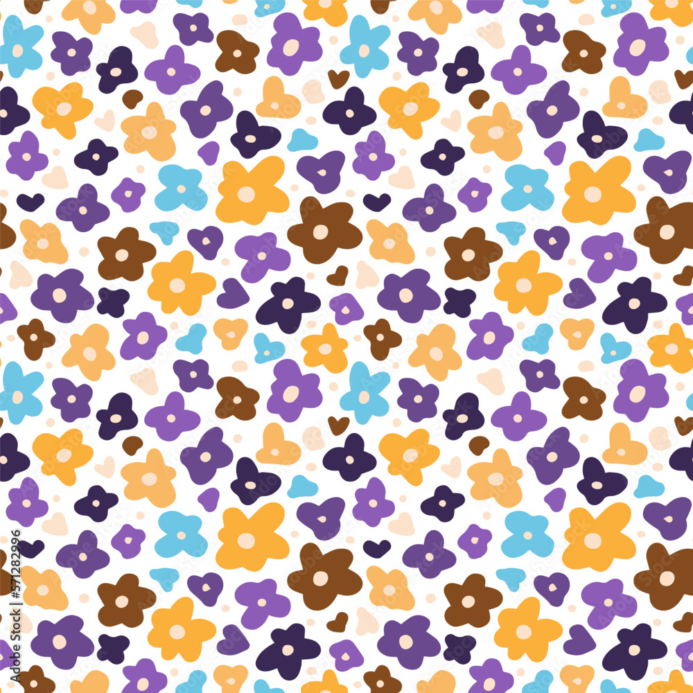 Pattern of small purple, blue and yellow flowers. Seamless blossom vector image.