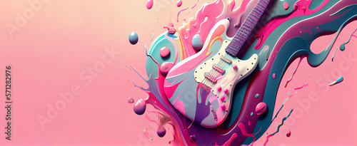 beautiful pink guitar with magical splash texture for music banner festival in pink background generative ai