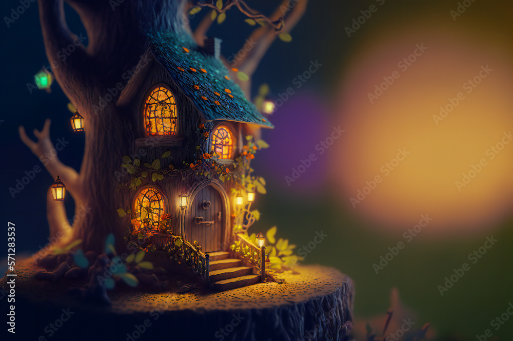 Fototapeta premium Tiny cute toy house in the woods, with illuminated windows. Created with Generative AI technology.