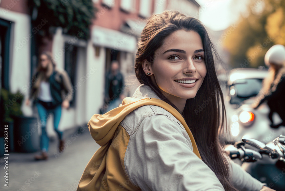 a young woman rides a bicycle or scooter in a small suburb with a thin transitional jacket, smiling happily and having fun. Generative AI a young woman rides a bicycle or scooter in a small suburb with a thin transitional jacket, smiling happily and having fun. Generative AI