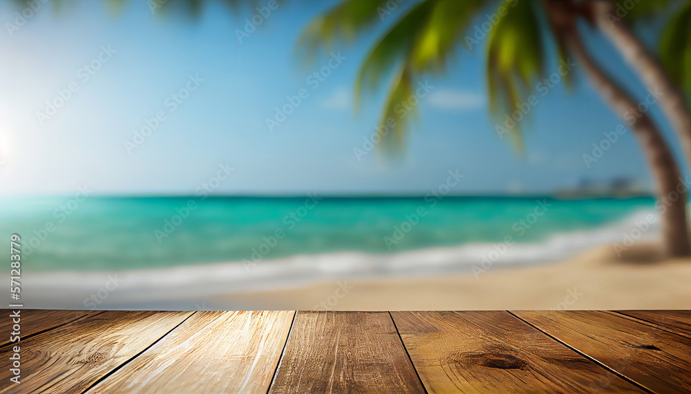 Fototapeta premium Empty wooden table top product display showcase stage with tropical summer beach background. Generative ai