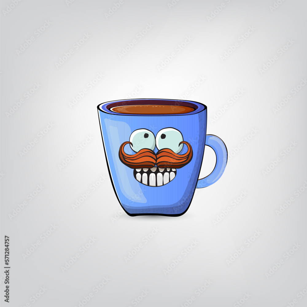 Vector cartoon blue coffee cup character with smiling face isolated on grey background. Funky Kawaii blue coffee mug character. Good morning and coffee day concept illustration Vector cartoon blue coffee cup character with smiling face isolated on grey background. Funky Kawaii blue coffee mug character. Good morning and coffee day concept illustration