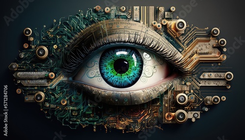 Green eye on circuit board with microchips closeup. AI 