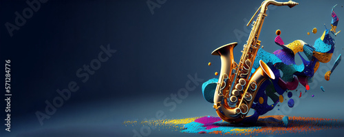 beautiful saxophone with magical splash texture for music banner festival generative ai photo