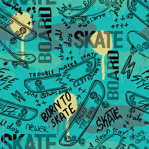 skateboard pattern. Seamless bright abstract pattern with skateboard. Prints for T-shirts, textiles, clothes, sports, and more
