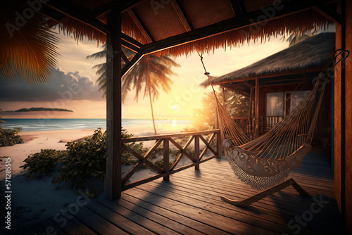 comfortable small modern wooden bungalow on sandy beach, small veranda with hammock, palm trees and mountains, concept of easy living, generative ai © epiximages