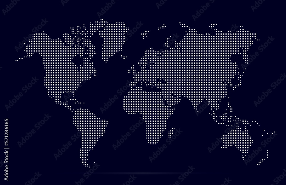 World map with square dot. White dotted squares world map isolated on blue background. Pixels silhouette worldmap. Simple flat wallpaper. Planet halftone pattern for design print. Vector illustration World map with square dot. White dotted squares world map isolated on blue background. Pixels silhouette worldmap. Simple flat wallpaper. Planet halftone pattern for design print. Vector illustration