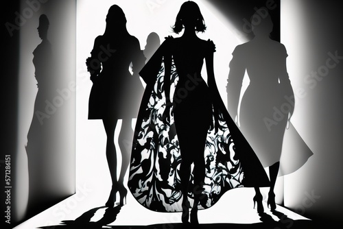 Fashion catwalk silhouette with model and supermodel in black and white photo