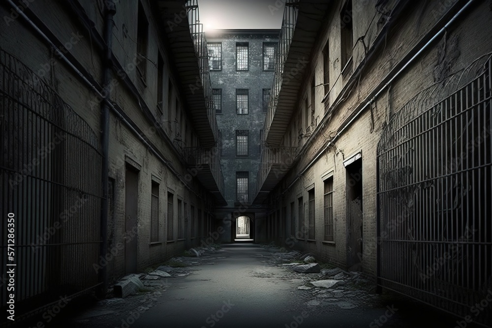 empty dark hallway with abandoned old buildings generative ai