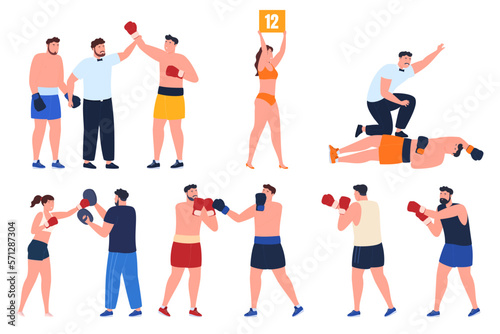 People train in the gym to box. Boxers compete with each other in the ring. Fight club for training a healthy strong body. Vector illustration